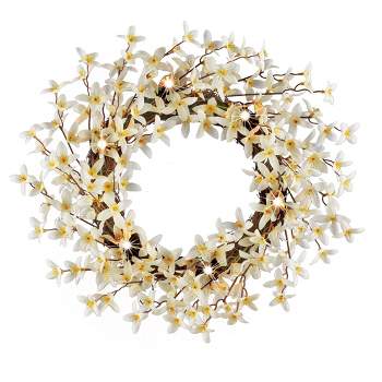 Collections Etc LED Lighted White Forsythia Hanging Wreath