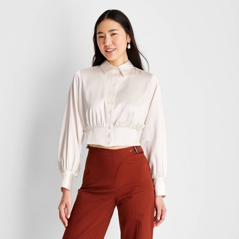 Women's Long Sleeve Collared Satin Corset Top - Future Collective™ With  Reese Blutstein Off-white : Target