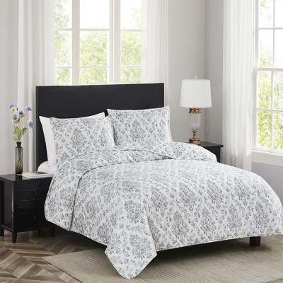 Skyler Damask Gray Microfiber Queen Quilt Set