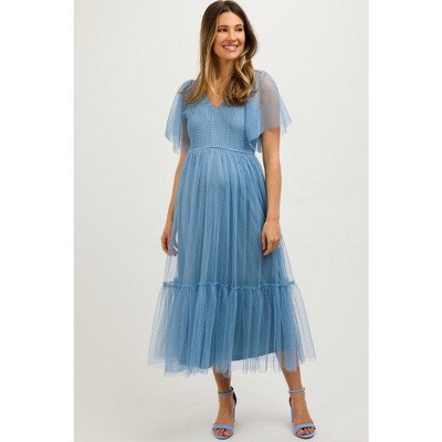 PinkBlush Blue Dotted Tulle Smocked Maternity Midi Dress