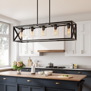 Dining Rooms Black Chandeliers,Kitchen Island Farmhouse Lighting Fixture Industrial Rustic Ceiling Hanging 5 Light Modern Pendant with Glass Shade - 1 of 4