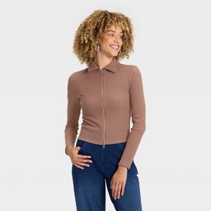 Women's Long Sleeve Brushed Ribbed Polo Zip-Up Jacket - A New Day™ - 1 of 4