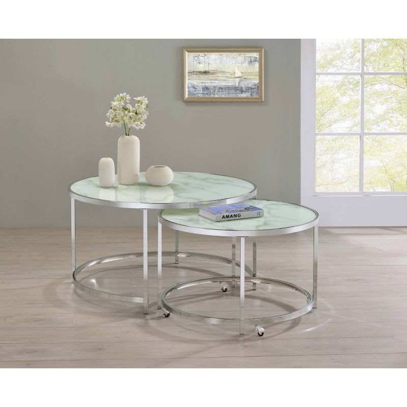 2pc Lynn Round Nesting Coffee Table Set with Marble Glass Top Chrome - Coaster, 3 of 6