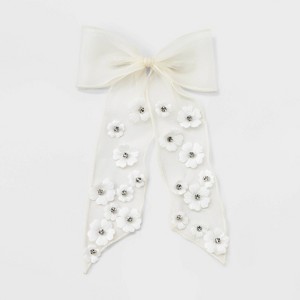 Large Ribbon Bow Hair Clip with Flowers - White: Polyester Hair Accessory for All Ages - 1 of 3