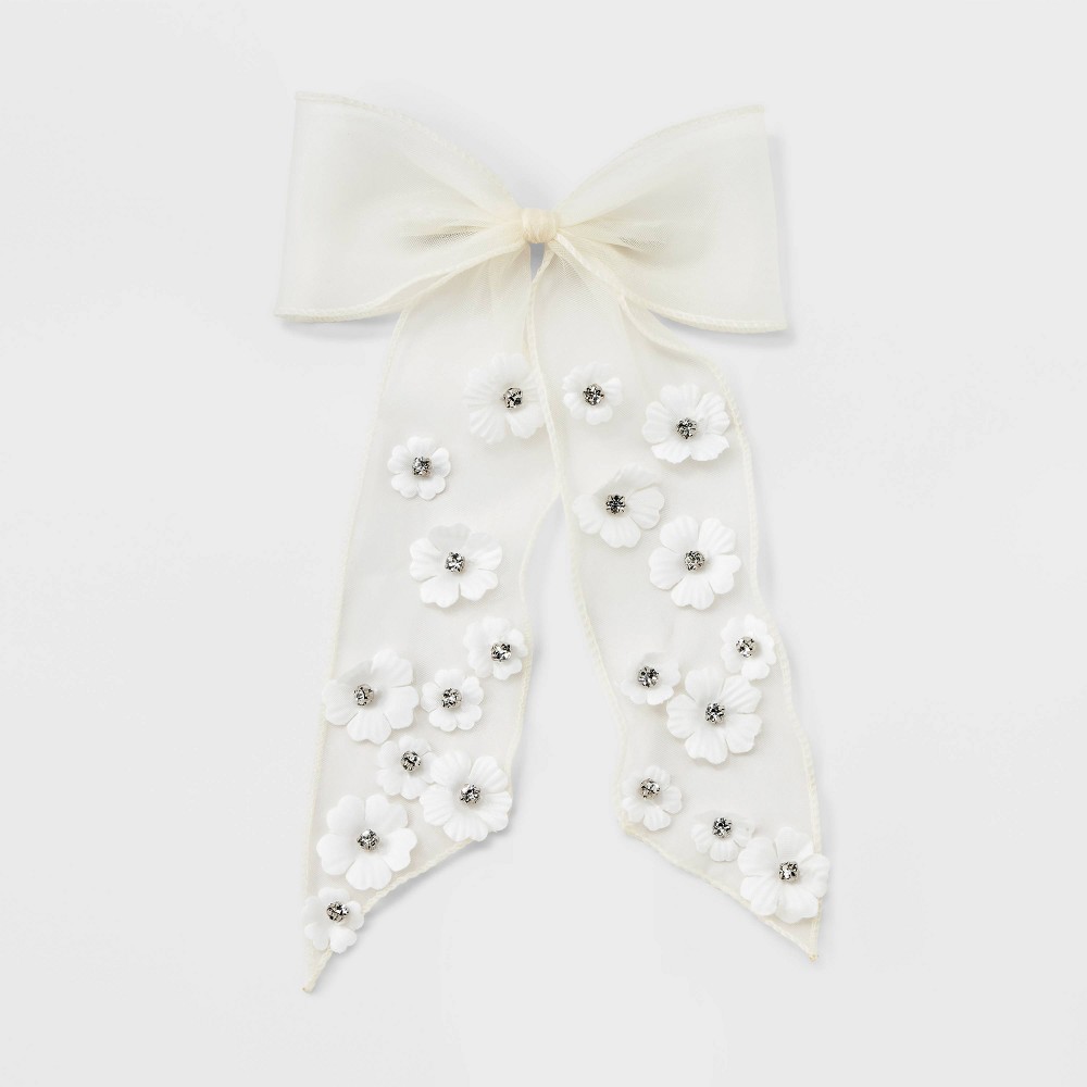 Large Ribbon Bow Hair Clip with Flowers - White