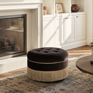 PAGED Accent Ottoman, Round Upholstered Foot Stool, Vintage Vanity Stool with Tassel Rope Bullion Fringe for Entryway, Bedroom - 1 of 4