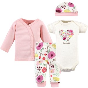 Touched by Nature Baby Girl Organic Cotton Preemie Layette 4pc Set, Botanical, Preemie - 1 of 4