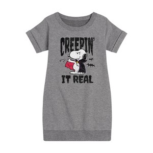 - Peanuts - Creepin It Real Graphic Short Sleeve Fleece Dress - 1 of 4