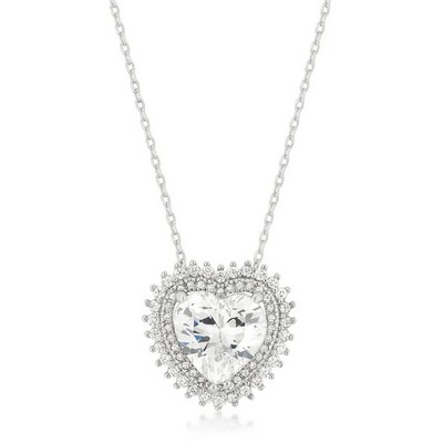 ShineHigh Halo Heart Pendant – Rhodium-Plated Double Halo Necklace with 7.4 Ct Heart-Cut CZ on 16″+2″ Chain