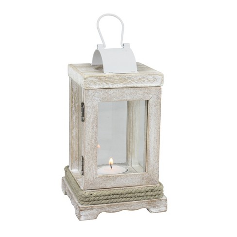 8" Rustic Coastal Wooden Candle Lantern Off White - Stonebriar Collection - image 1 of 4