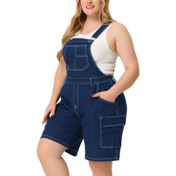Agnes Orinda Women's Plus Size Denim Overalls Cross Back Cargo Pocket Adjustable Strap Jeans Shortalls