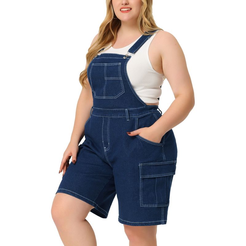 Agnes Orinda Women's Plus Size Denim Overalls Cross Back Cargo Pocket Adjustable Strap Jeans Shortalls, 1 of 7