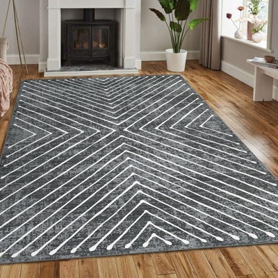 Modern Symmetric Fine Line Printed Area Rug Ultra Thin Low Pile Machine Washable Stain Slip Resistant Non Shedding Pet Friendly Floor Carpet