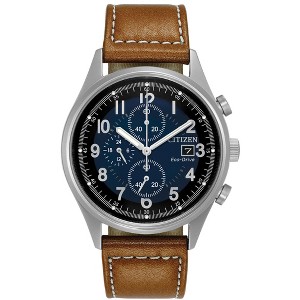 Citizen Men's Eco-Drive Sport Casual Garrison Watch, Brown Leather Strap, Blue Dial, Chronograph, 12/24 Hour Time, Date - 1 of 4