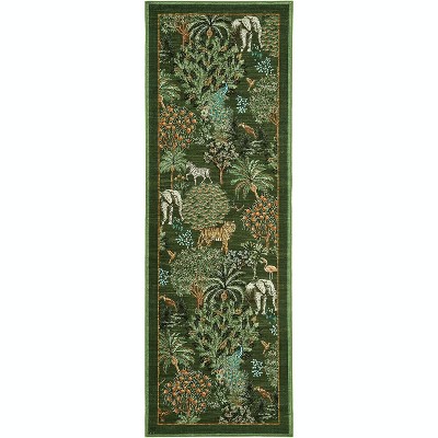 Jungle Print Washable Rug - Non-Slip Low Pile Stain Resistant Carpet for Living Room, Bedroom, Nursery, Playroom