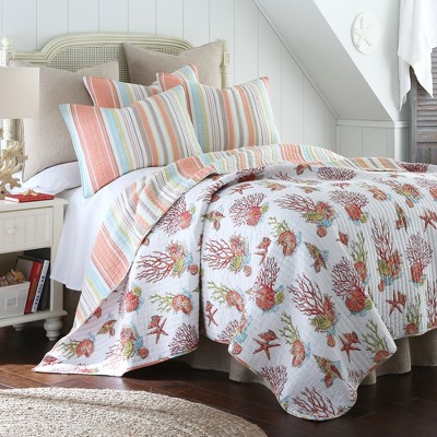 Brighton Coral Twin Cotton Quilt Set with Striped Coastal Design