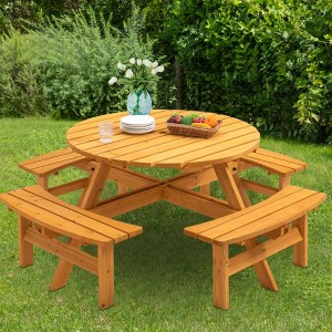 GDFStudio Laurel Outdoor 8-Person Wooden Round Picnic Table with 4 Built-in Benches and Umbrella Hole - 1 of 4