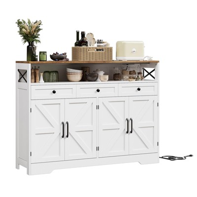 Farmhouse Buffet Cabinet With Drawers & Charging Station, Large Sideboard Buffet Storage Cabinet W/3 Drawers & Doors for Kitchen, Dining Room, White