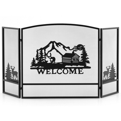 Tangkula 55 x 29.5 Inch Fireplace Screen 3-Panel Folding Spark Guardw/ Natural Scenery