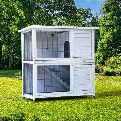 LAOTIES 2-Story Rabbit Hutch for Outdoor,Bunny Cage with Run,No-Leak Removable Trays,Non-Slip Ramp And Waterproof Roof for Small Animals