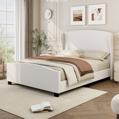Whisen Queen Size Linen Platform Bed with 51" High Headboard Wingback, Solid Wood Legs - Beige