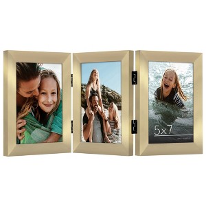 Americanflat Hinged 3 Photo Frame in Polished Brass Color MDF - Desk Photo Frame for 5X7" Photos - Tri Folding Picture Frame For Desk - 1 of 4