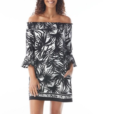 Beach House Style Palm Print Kelsea Smocked Off the Shoulder Dress