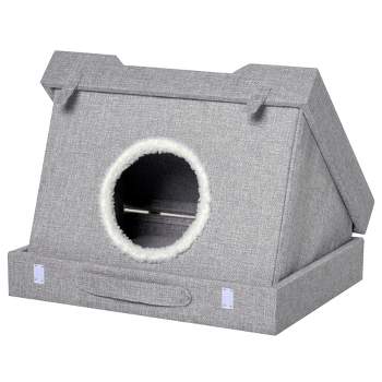 PawHut Cat House Foldable 2 In 1 Design Condo Pet Bed with Removable Washable Cushions Scratching Pad, Gray
