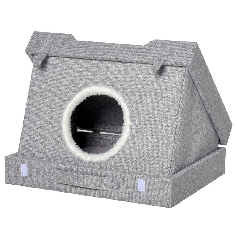 PawHut Cat House Foldable 2 In 1 Design Condo Pet Bed with Removable Washable Cushions Scratching Pad, Gray, 1 of 9