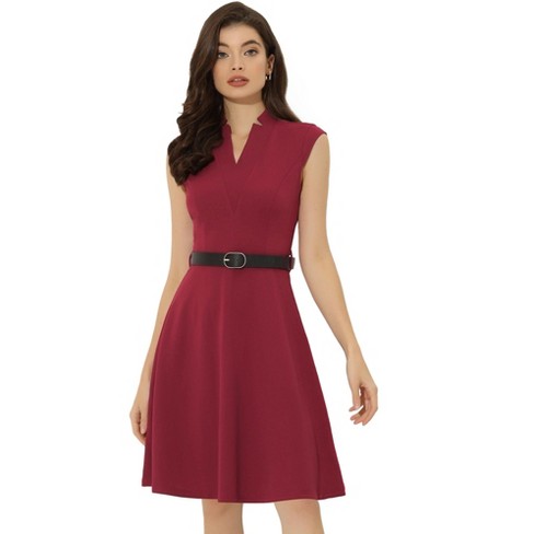 Allegra K Women's V Neck Wear to Work Sleeveless Flare Knee Length Dresses  Wine Red Large