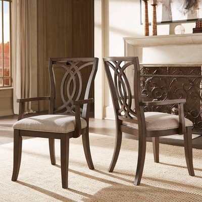 Set of 2 Janelle Dark Walnut Finish and Fabric Dining Arm Chairs Brown - Inspire Q: Upholstered, Rubberwood, Beige