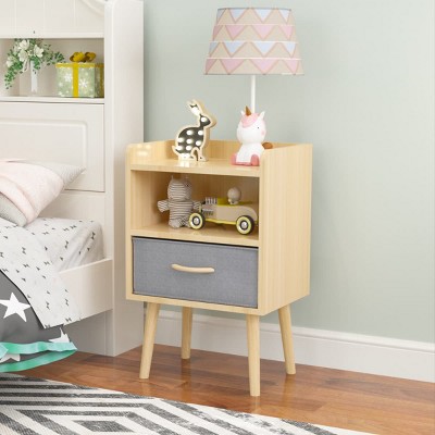 2-Tier Wood Nightstand with Finish, Collapsible Fabric Drawer and Shelf, Storage End Table for Bedroom or Kids Room-The Pop Home