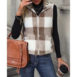 Women's Plaid Fleece Vest Stand Collar Sleeveless Zip Up Vest Jacket - 1 of 4