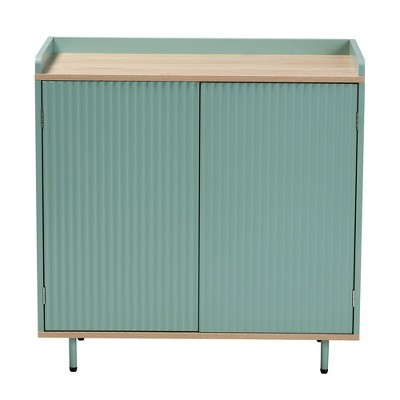 Tavita Two-Tone Wood 2 Door Sideboard Buffet Oak Brown/Mint Green - Baxton Studio: Mid-Century Design, Fixed Shelves