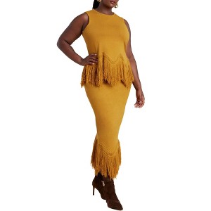 ELOQUII Women's Plus Size Fringe Hem Sweater Skirt - 1 of 4