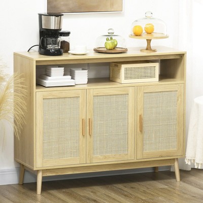 Natural Light Wood Boho Sideboard with Rattan Doors