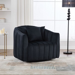 40.35" Oversized Velvet 360° Swivel Barrel Chair and Half with 3 Pillows,Channel Tufted Pumpkin Club Armchair for Living Room-Baofuwish - 1 of 4
