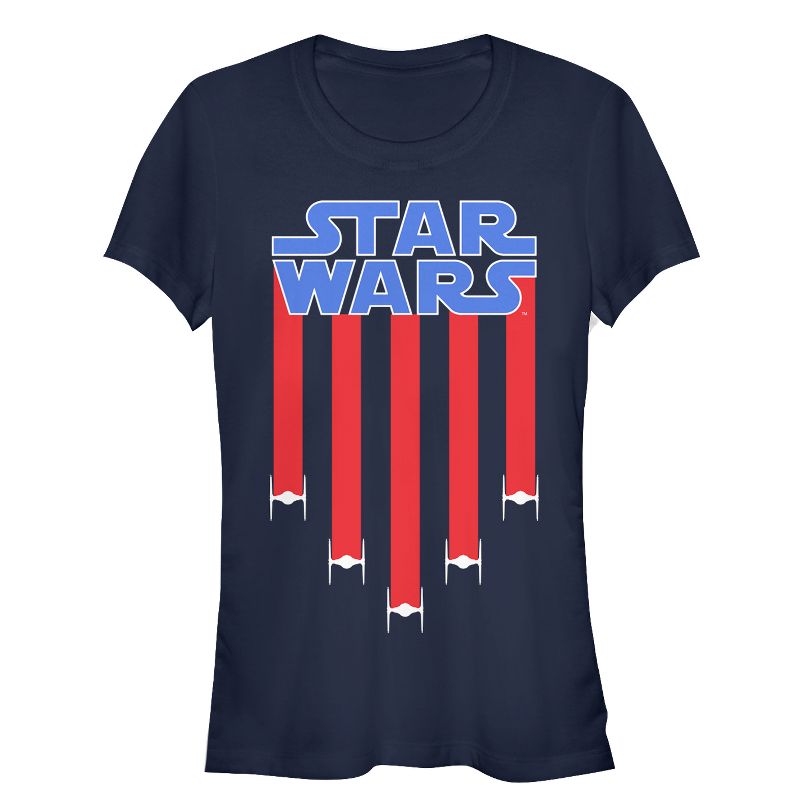 Juniors Womens Star Wars Fourth of July  TIE Fighter Stripes T-Shirt, 1 of 4