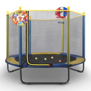 SUGIFT Kids Trampoline with Safety Net, Basketball Hoop, Dart Game, Indoor Outdoor Play, Durable Springs and Foam Padded Poles - 1 of 4