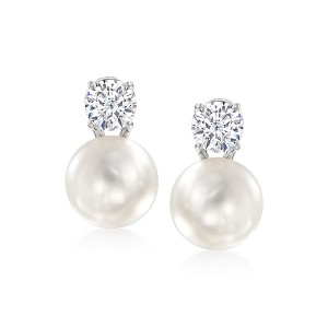 Ross-Simons Italian 10.5-11mm Cultured Pearl and 1.50 ct. t.w. CZ Drop Earrings in Sterling Silver - 1 of 4