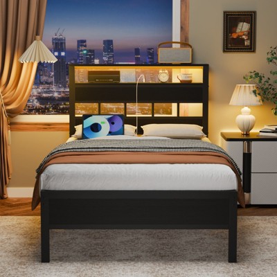 Furnulem Full  and Queen Bed Frame with Storage Headboard and LED Lights, Metal Bedframe with Charging Station and USB Port, No Box Spring Needed
