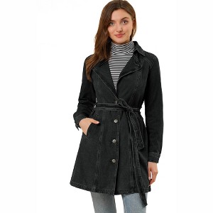 Allegra K Women's Notched Lapel Belted Trench Long Denim Jacket - 1 of 4