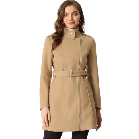 Allegra K Women's Classic Stand Collar Zip Up Trench Coats with Belt Khaki  Medium