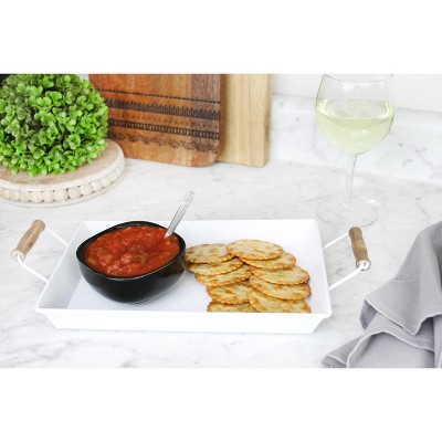 White Enamel Rustic Rectangular Trays with Wood Handles, Set of 2
