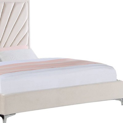Beige Velvet Queen Bed with Tufted Headboard and Metal Feet