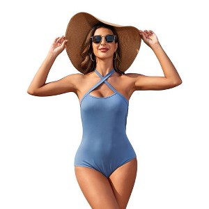 Women's Criss Cross Sleeveless Halter Neck Bodysuits Tops Going Out Summer Tank Tops - 1 of 4