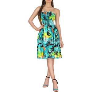 LA LEELA Women's House Daily Routine Evening Wear Boho Backless Smocked Mini Swing Dress Tube Top Strapless Dresses for Women One Size Blue, Tree - 1 of 4
