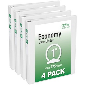 Office Essentials Economy View 3 Ring Binders, 1" Round Rings, 1.4" Spine, 175-Sheet Capacity, White Binders (4-Pack of 03126) - 1 of 4