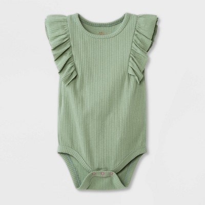 Baby Girls' Ruffle Rib Short Sleeve Bodysuit - Cat & Jack™ Sage Green