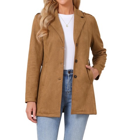 INSPIRE CHIC Women's Faux Suede Lapel Collar Belted Work Dressy Business Casual Overcoat Brown Small